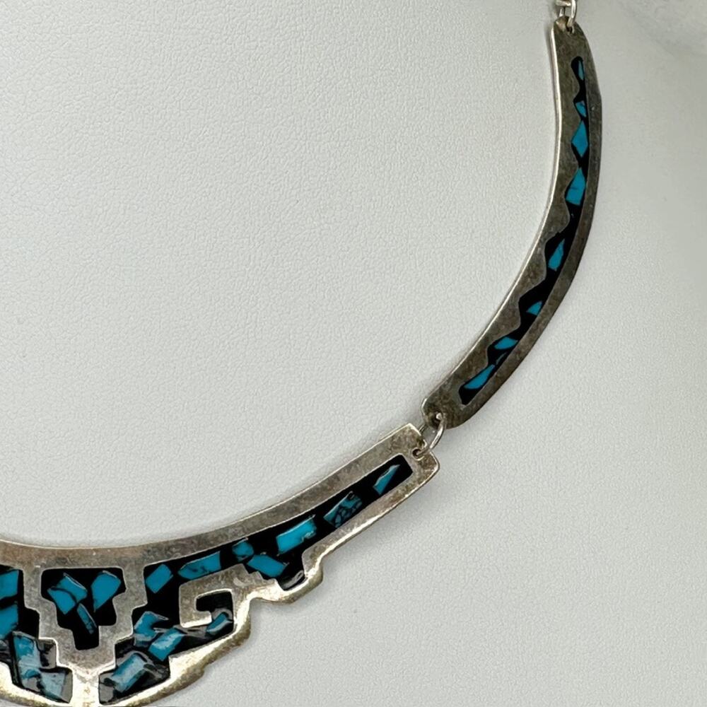 Vintage Alpaca Mexico Silver Tone Faux Turquoise Geometric Collar Necklace ✨ - Picture 7 of 9